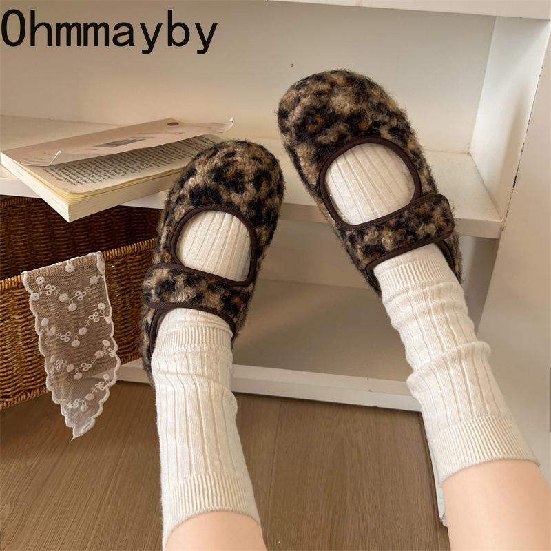 Warm Cotton Women Flats Shoes Comfort Soft Sole Short Plush Mary Jane Shoes Outdoor Furry Shoes For Autumn Winter