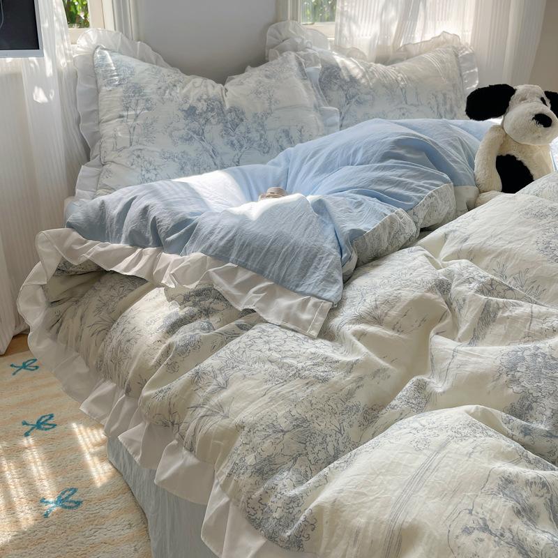 

Class A Maternal And Infant Grade Lace Super Soft Washed Cotton4-Pcs Set, Household High-End Bed Sheet Quilt Cover 60 Pcs 0.9m sheet 3pcs quilt 1.5*2m