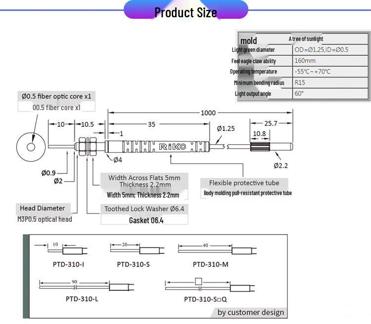 RIKO PTD-310-I Through-Beam M3 Fiber Optic Sensor, 10mm Tube, 1m Cable