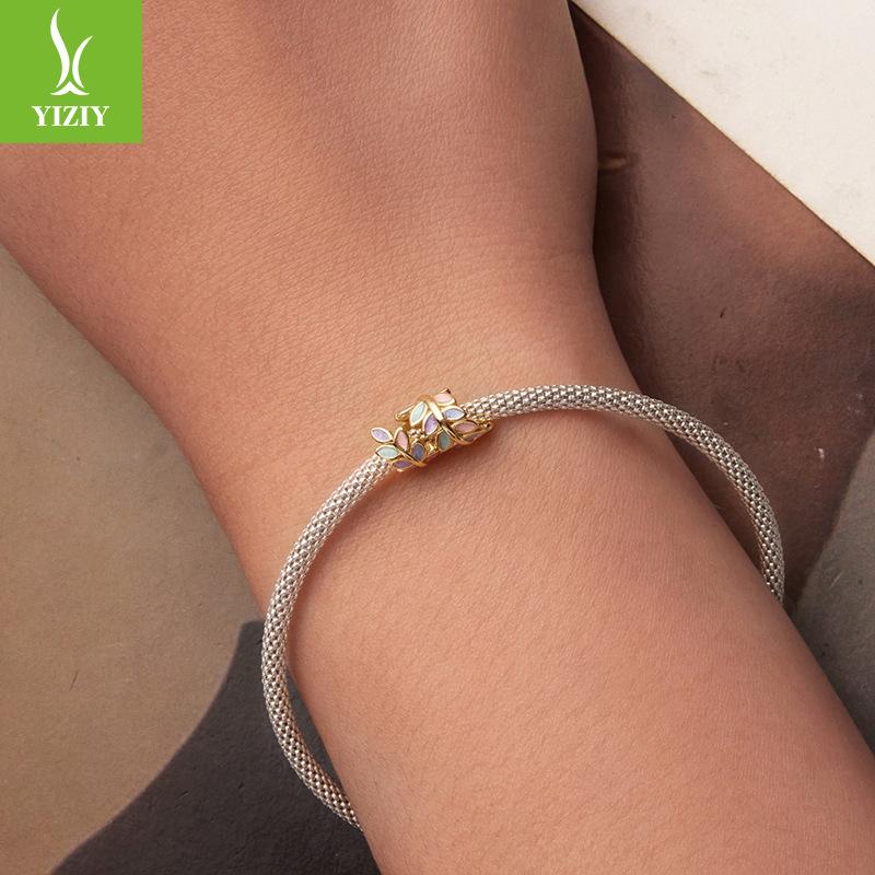 Colorful Autumn Leaves S925 Sterling Silver Beaded Autumn Fallen Leaves Diy Bracelet Bead Accessories