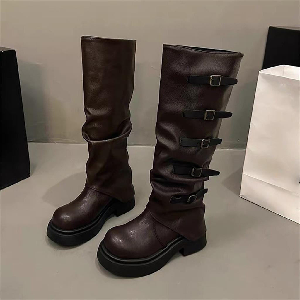 Spice Girl Maillard Platform Boots Women's Belt Buckle Pants Boots Wasteland Knight Boots