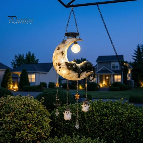 Creative Housewarming Gifts for Women Solar Moon Black Cat Wind Chime Light, Powered Hanging Lamp, Waterproof Resin Outdoor Garden Chimes Decor Patio