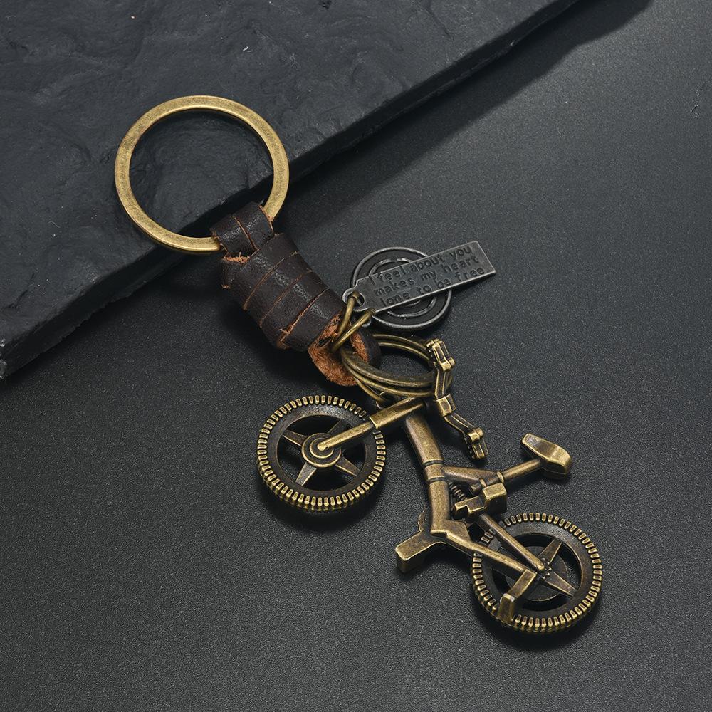 Bicycle Keychain Men's and Women's Gifts Alloy Bronze Smiley Face Hexagram Retro Woven Cowhide Keychain
