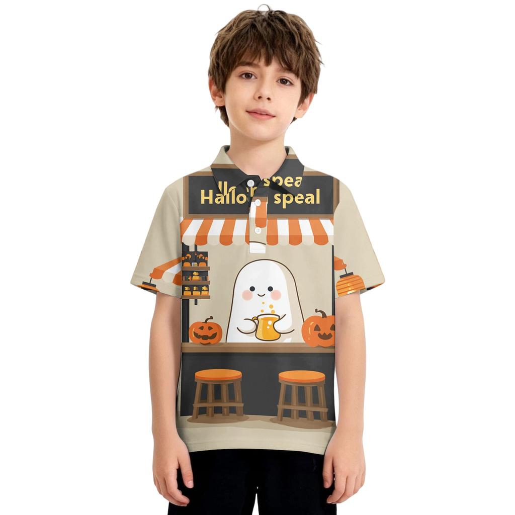 Kids Halloween Print Polo Shirt Short Sleeve Casual Tee Top with Button Collar for Boys Girls Comfortable Fit