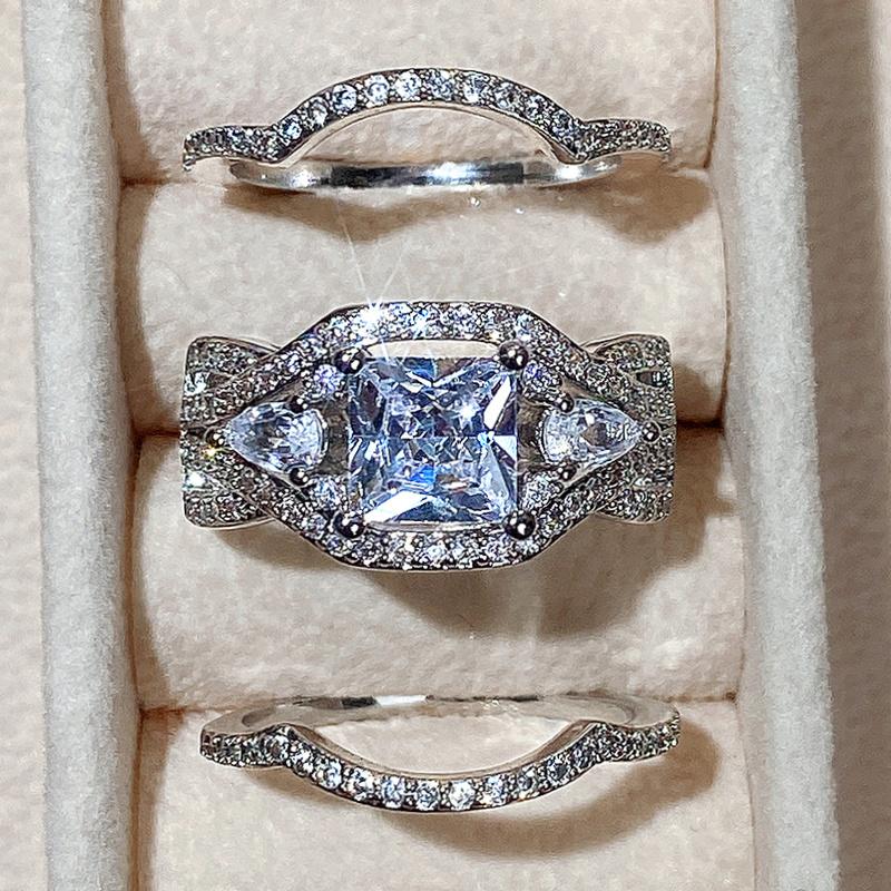 Set de inele de nuntă Noble Lady cu CZ strălucitor Seturi superbe de inele de mireasă de 3 buc. Accesorii delicate de înaltă calitate pentru femei