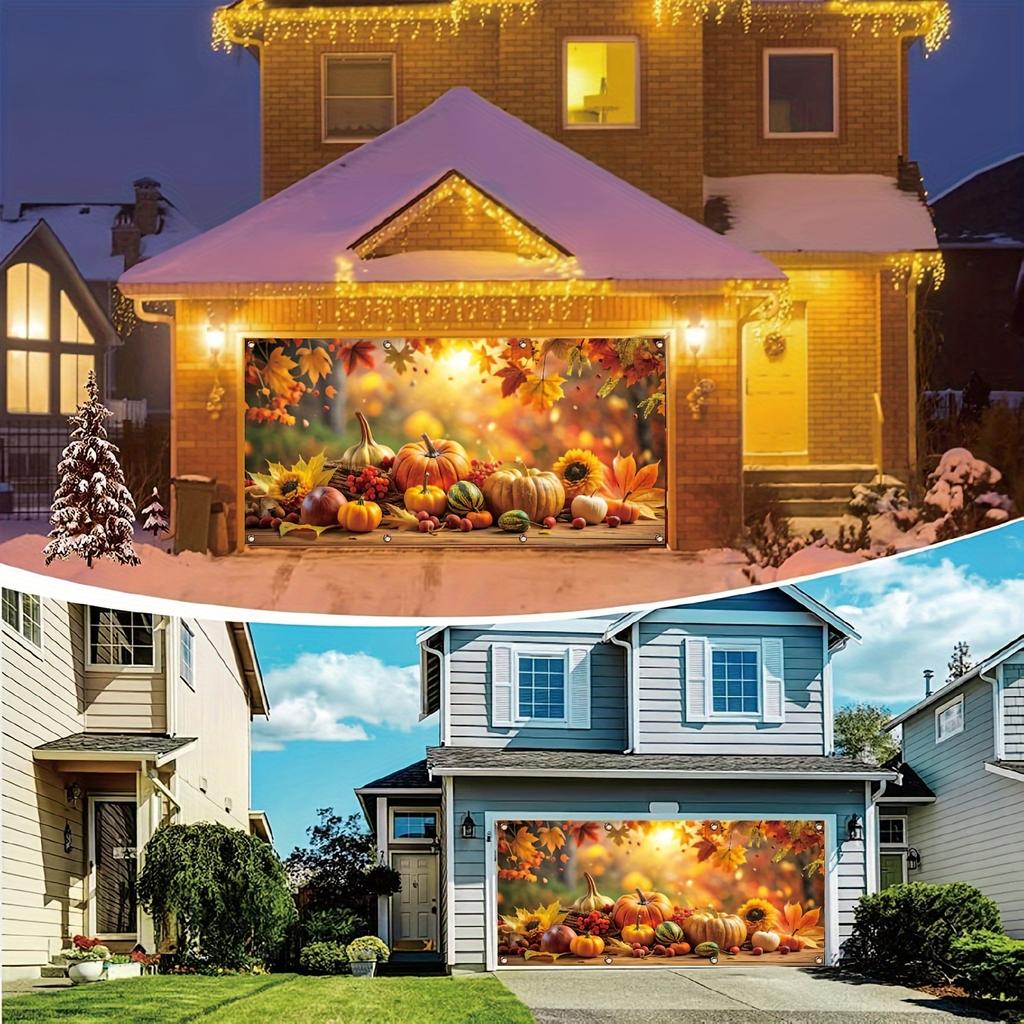 A Thanksgiving garage door banner with autumn fruits and pumpkins in the Harvest Festival studio background