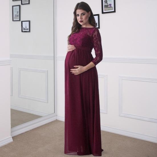 Těhotné ženy šaty s krajkou vyhloubená květinová výšivka s kulatým výstřihem, dlouhým rukávem, plisované maxi šaty na svatební párty rekvizita na focení