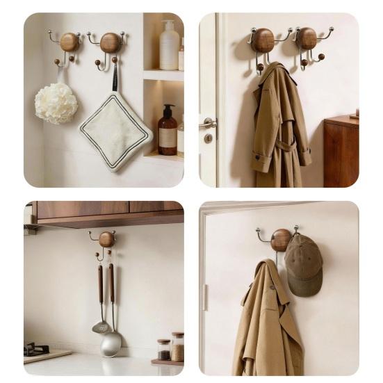 Rustikaler Saugnapfhaken 4 Haken Wandmontierter Organizer Kleiderbügel Holz-Kleiderbügel mit Edelstahlhaken für Eingangsbereich Schlafzimmer zu Hause