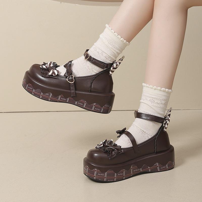 Muffin thick sole cute sweet Lolita round head Mary Jane shoes women's versatile Lolita bow small leather shoes
