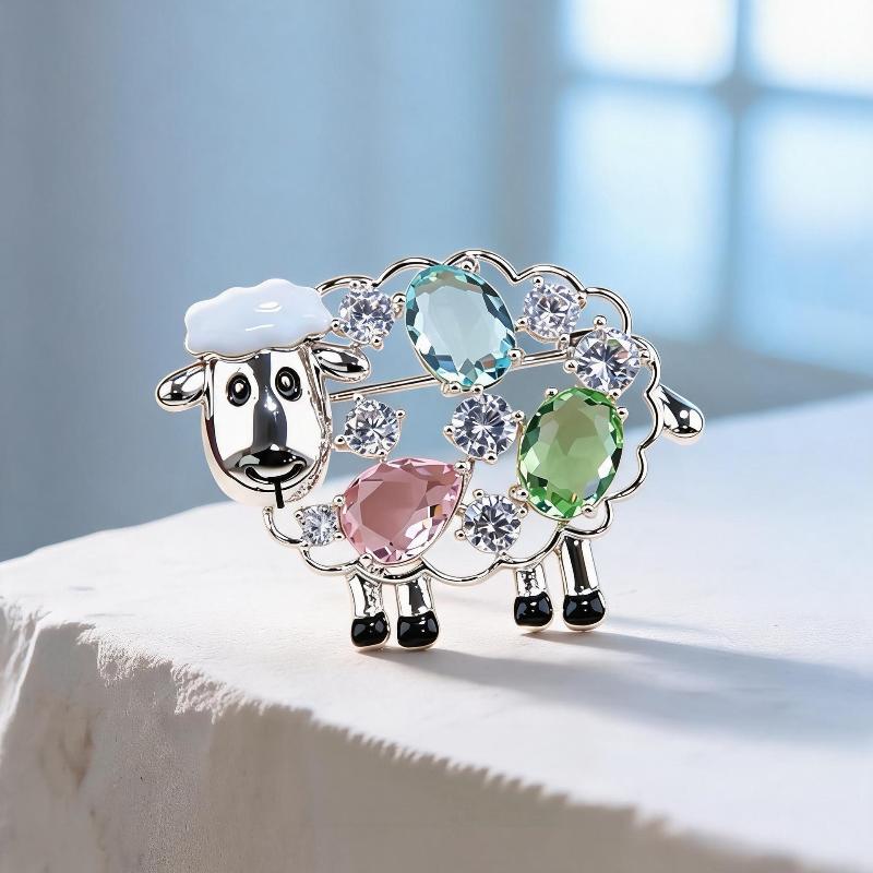 Cute Rhinestone Sheep Pin Enamel Cartoon Goat Brooch Trendy Decor for Kids Women Daily Outfit Accessory