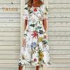 Vestido de verano para mujer, de manga corta, informal, con estampado floral, cuello redondo, midi, bolsillos, fluido, corte A, para playa.