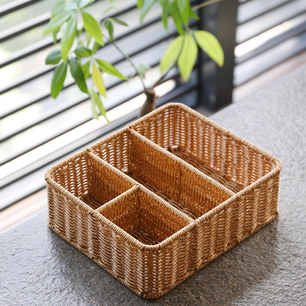 Luxshiny Rectangular Woven Storage Basket with 4 Compartments Table Divided Key Basket Box Wallet Tray Entryway Organizing Utensil Holder for Tissue