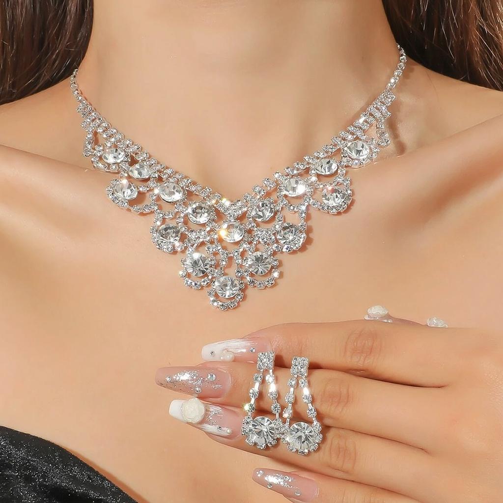 3pcs Women's Zircon Set Rhinestone Earrings Necklace New Wedding Party Luxury Fashion Accessories-4068