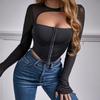 Sexy Hollow-Out Round Neck Long Sleeve Slim Fit Crop Top for Women