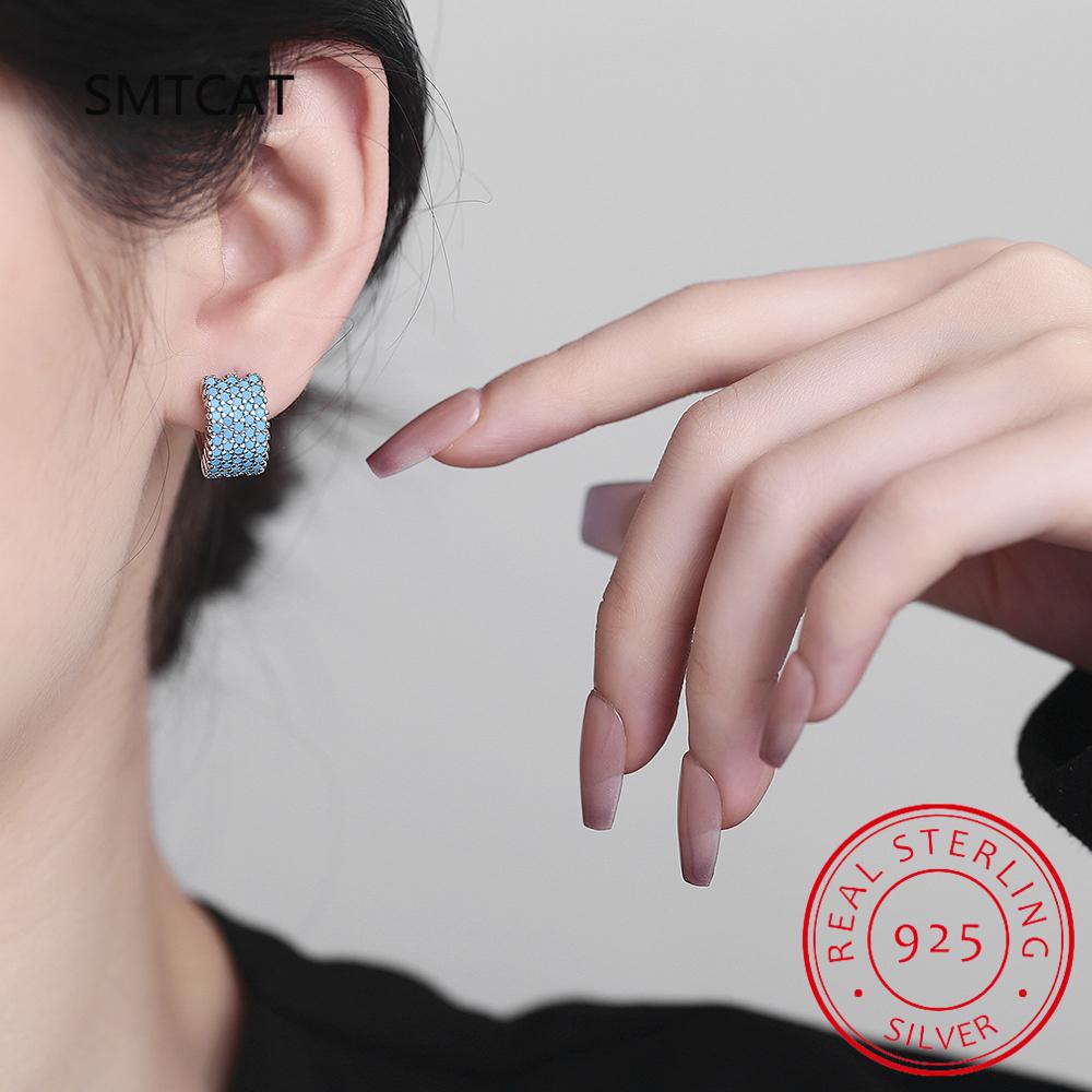 New Vintage Turquoise Elegant Earring Real 925 Silver Luxury Charm Hoop Earrings For Women Wedding Jewelry RHE858