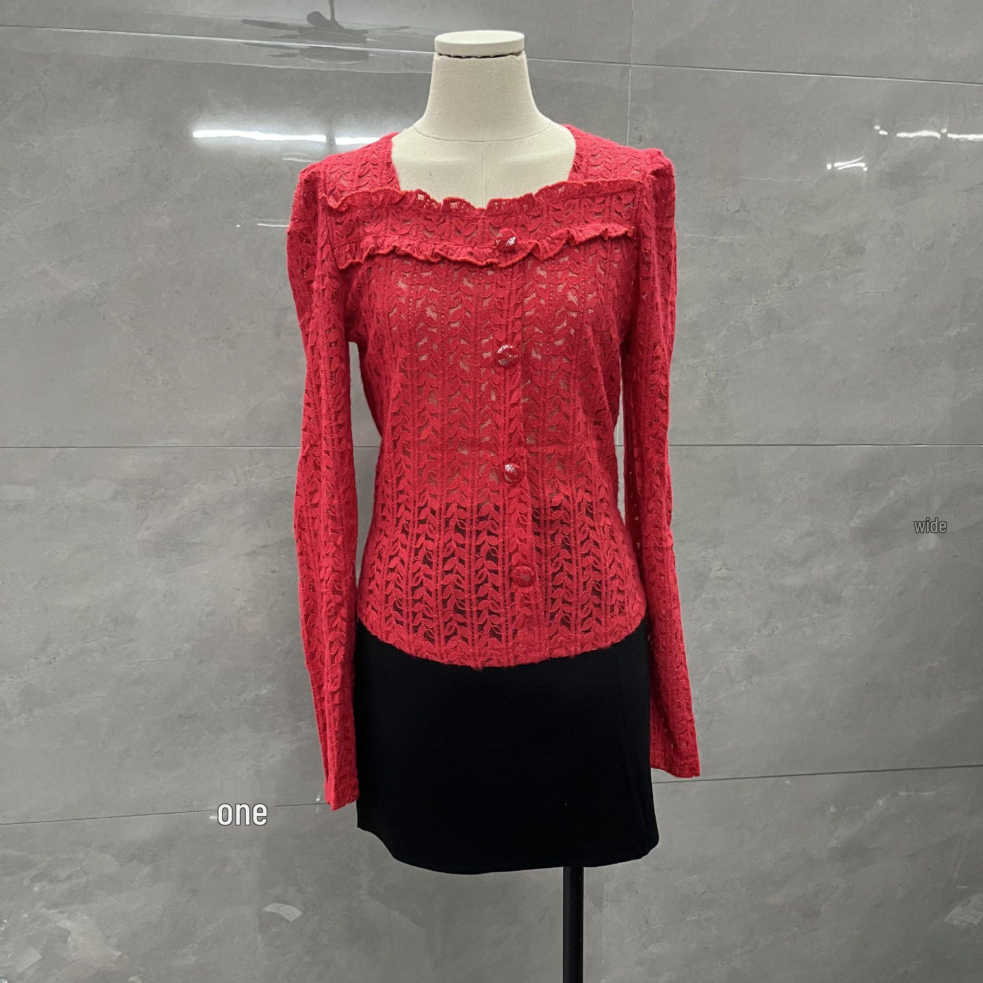 

European Fashion Brushed Lace Square Neck Long Sleeve Top S for ~95 lbs