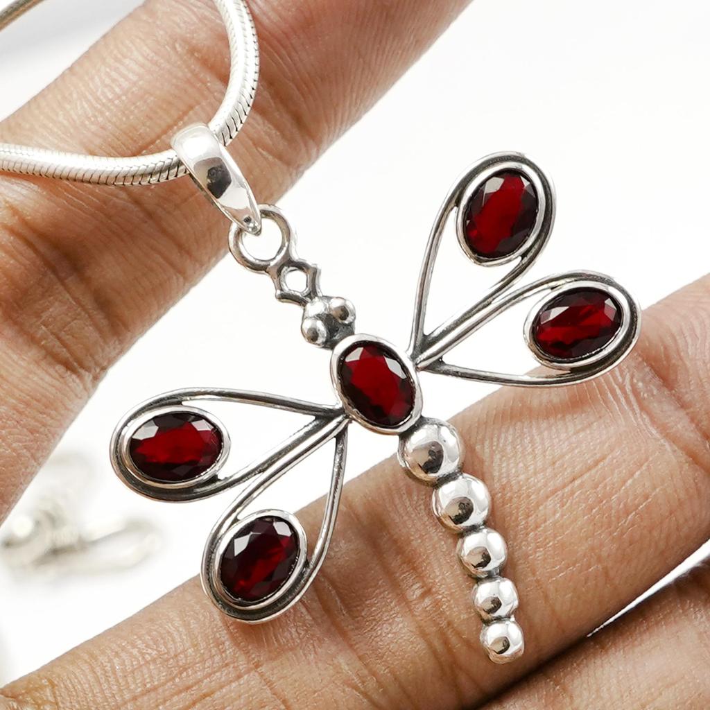 Dragonfly Pendant, Garnet Pendant, 925 Sterling Silver Pendant, Designer Pendant, Gift for Her, Handmade Pendant