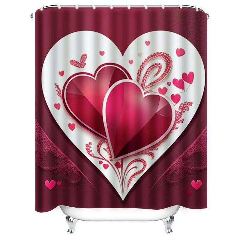Elegant Red and White Heart Artistic Waterproof Shower Curtain for Bathroom Decor, High-Quality Material and Easy to Clean
