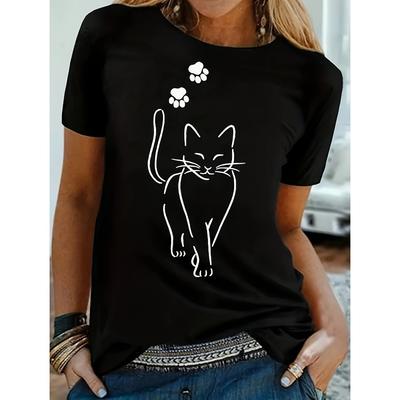 Katzen-Print T-Shirt Kurzarm Rundhalsausschnitt Lässiges Oberteil für Sommer & Frühling Damenbekleidung