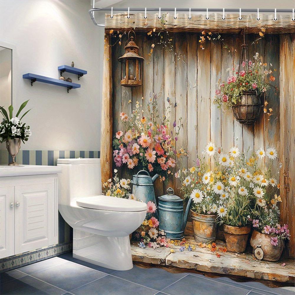 Rustikales Holzregal Duschvorhang - Vintage Blaue Teekanne & Blumen, Gelassenes Design, Maschinenwaschbarer Polyester, 12 Haken