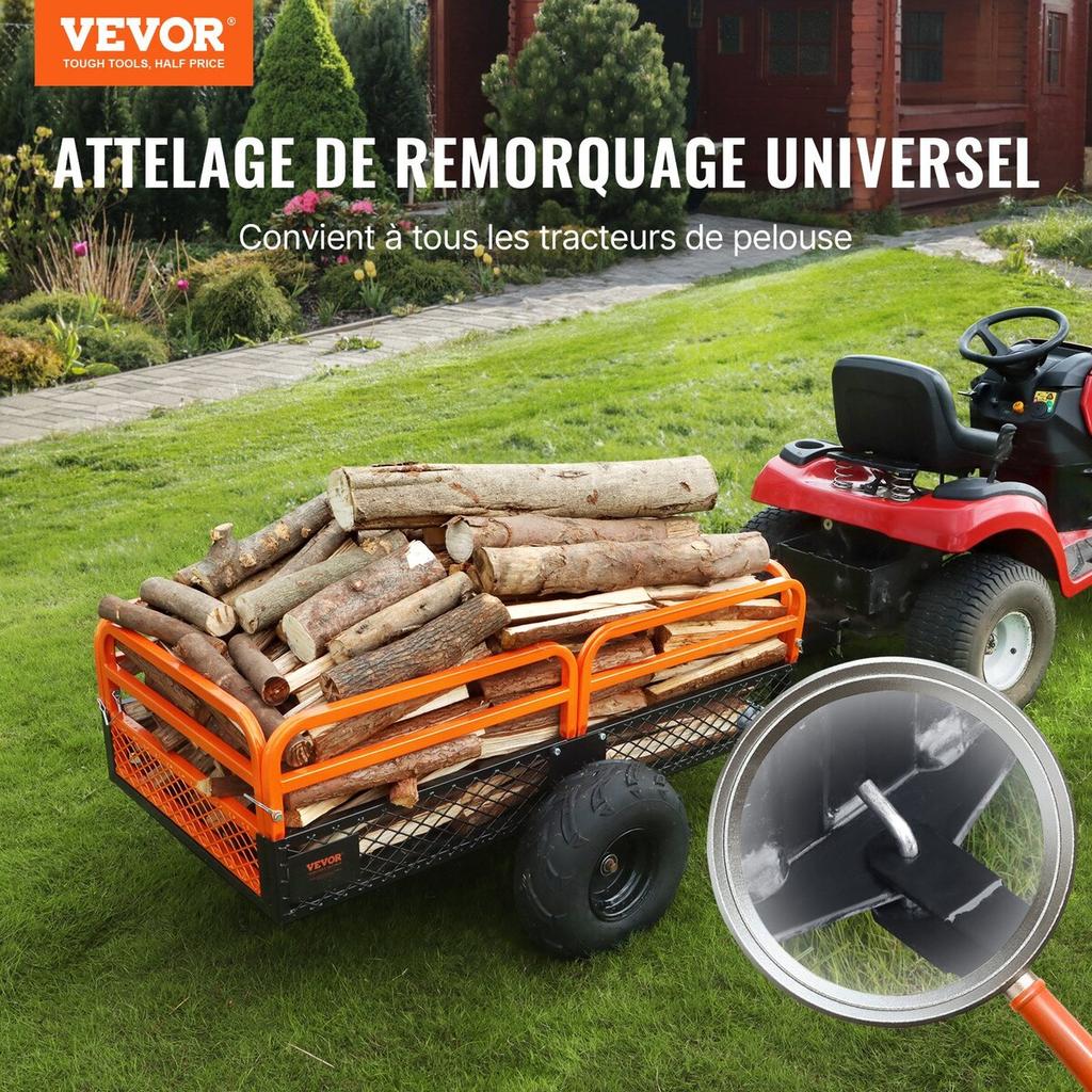 Robuuste Stalen ATV Kiepwagen, Laadvermogen 1500 Pond 15 Kubieke Voet, Trekhaak Kiepwagen Tuinwagen, met Afneembare Zijkanten en 2 Banden, voor