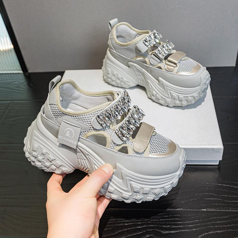 Daddy Shoes Girl 2025 New Summer Thick-soled Hollow Mesh Rhinestone Breathable Shoes Casual Fashion Versatile Women's Sandals