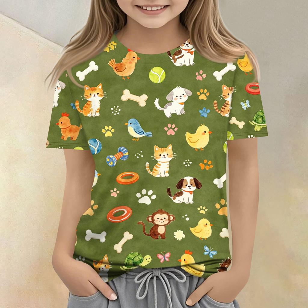 Kids Animal Print Crew Neck Short Sleeve Casual Loose Fit T Shirt Lightweight Soft Fabric Comfortable Everyday Wear
