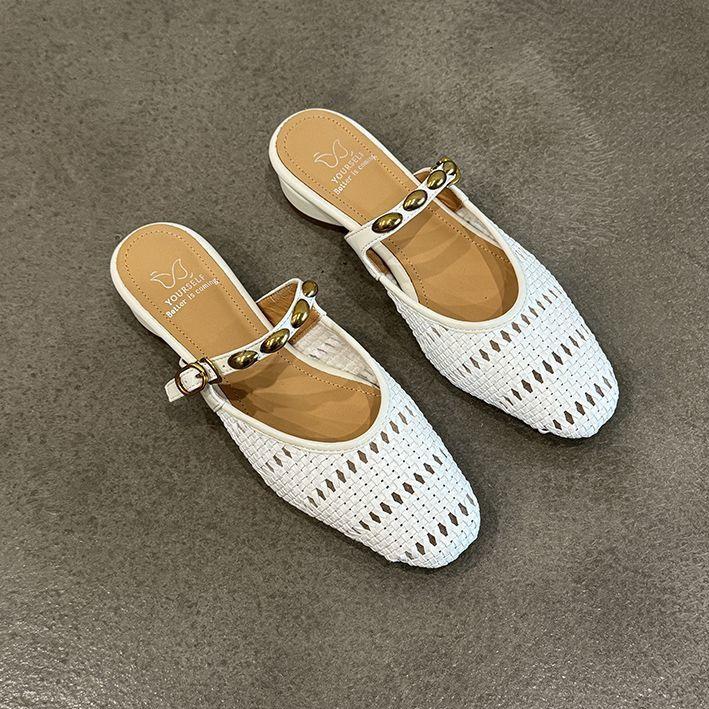 French woven hollow bag head sandals women's summer new wear thick heel extraordinary foreign style one-word buckle casual slippers