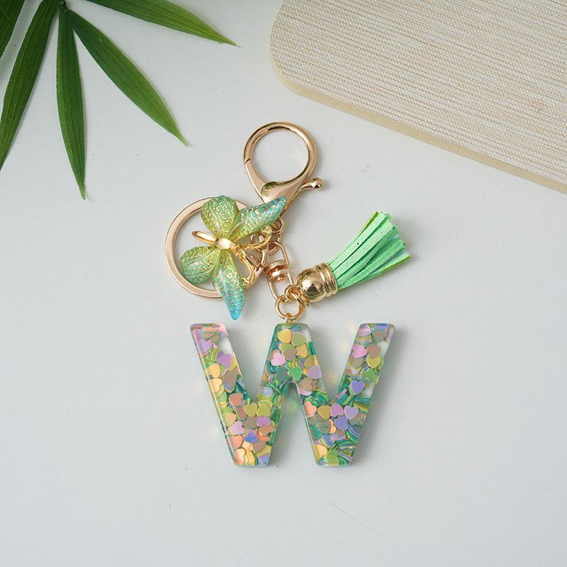 A-Z Initial Letter Keychain Green Butterfly Tassel Letter Charm Bag Pendant Couple Key Holder Pendant For Friend Gifts
