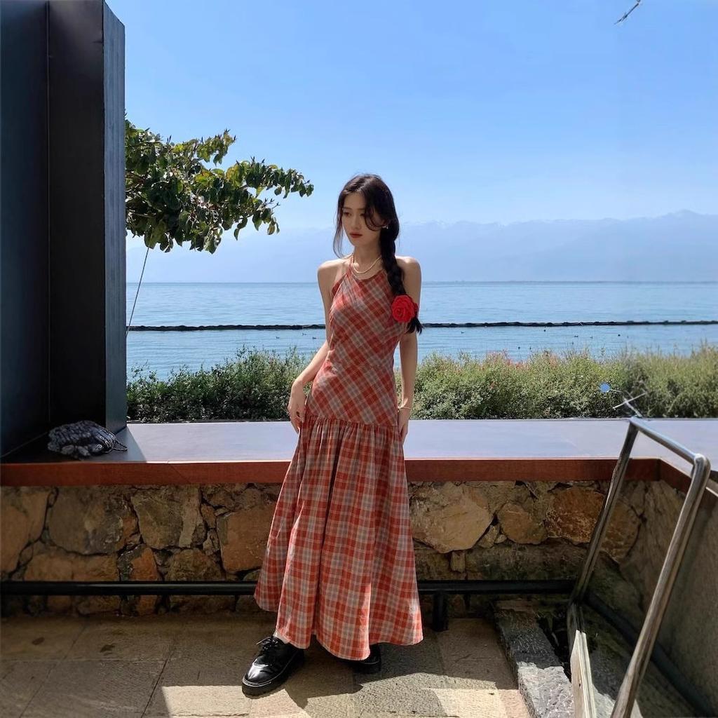 Red Plaid Dress Niche Neck Suspender Skirt Women's Summer Backless Strap A-shaped Skirt Temperament Seaside Long Dress