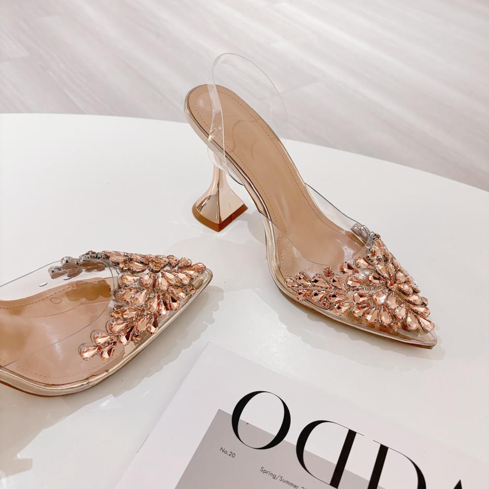 Fashion Elegant Pointed Toe Slingback Stiletto Sandals Crystal Diamonds Women Pumps High Heels Wedding Prom Shoes Zapatos Mujer