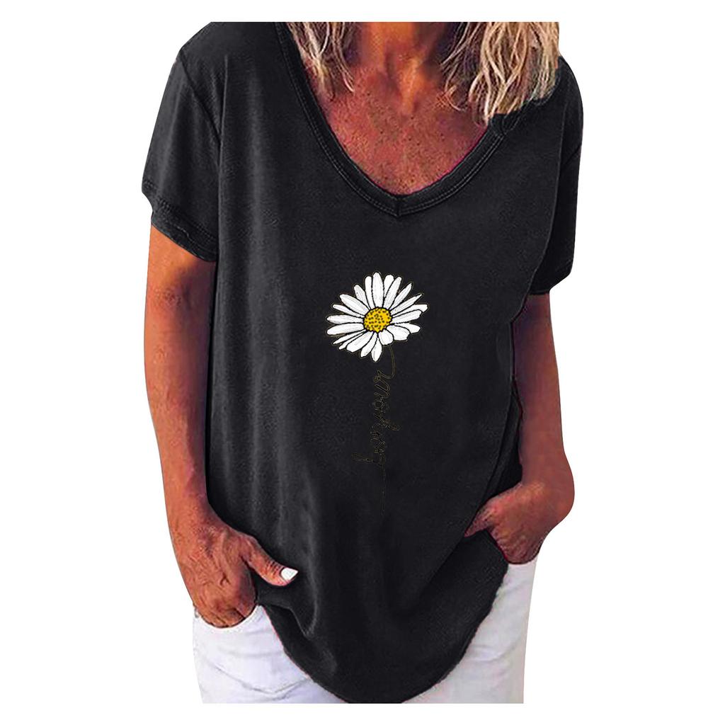 Women V-neck Casual Short-sleeved Small Print Loose Pullover T-shirt Tops