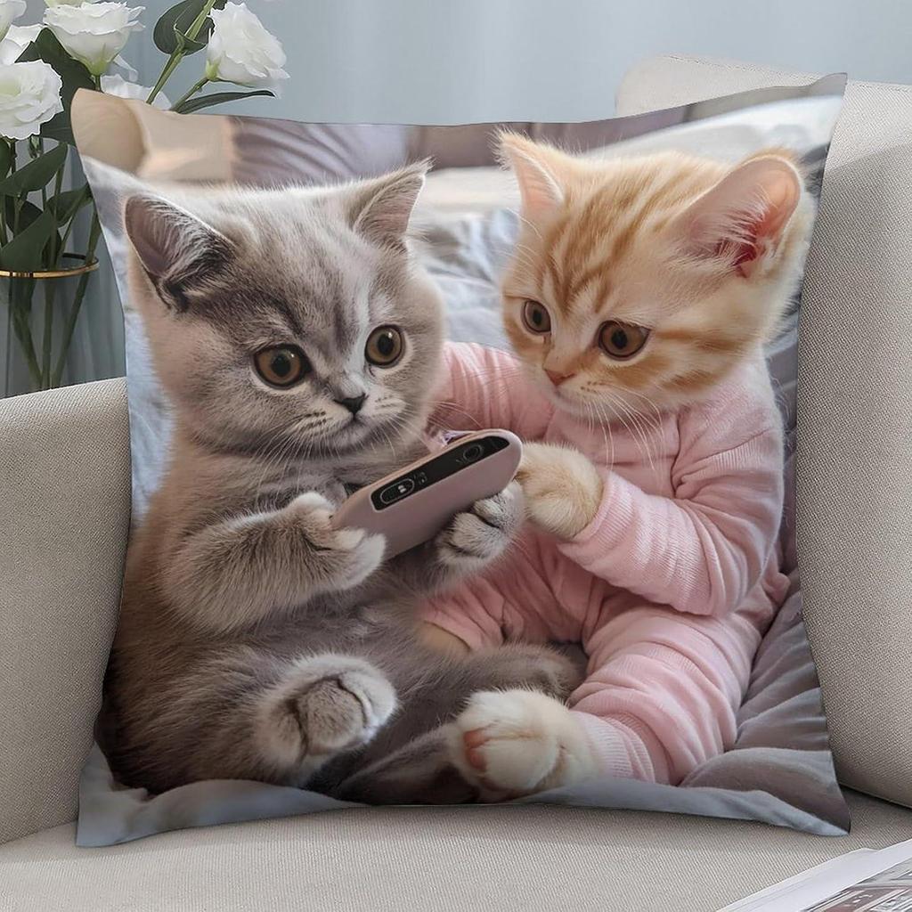 Vibrant Bohemian Style Short Plush Pillow Cover 45x45cm Charming Kitten Living Room Bedroom Decor (Pillow Insert Not Included)