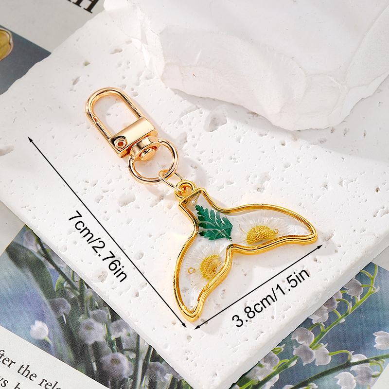 1PC Butterfly & Fishtail Colorful Resin Keychain Creative Waterdrop Metal Plated Dried Flower Key Holder Irregular-shaped