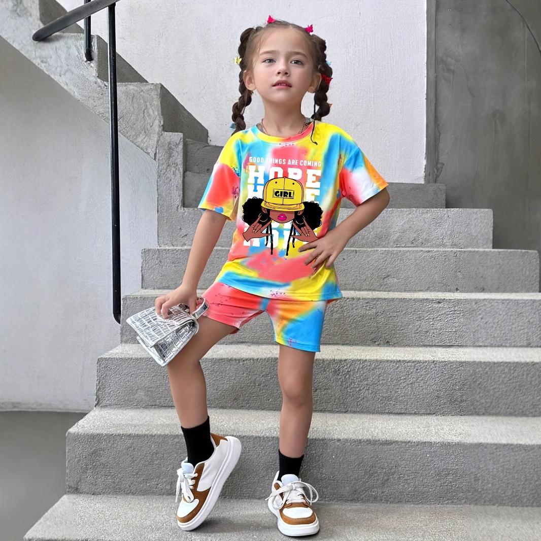 

Модный комплект для девочек, летний детский повседневный спортивный костюм из двух частей с принтом и короткими рукавами 7-8Y