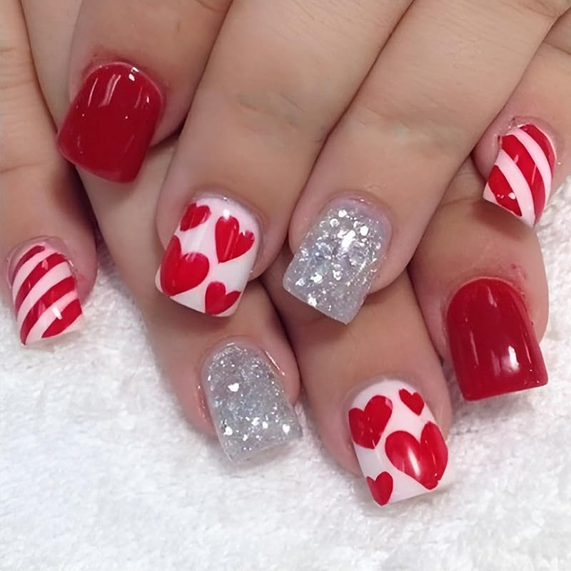 24Pcs Valentine Press on Nails Short Almond Fake Nails with Pink Red Heart Designs Love Heart French Tips Acrylic Nails False Nails Full Cove Glossy Valentine-1