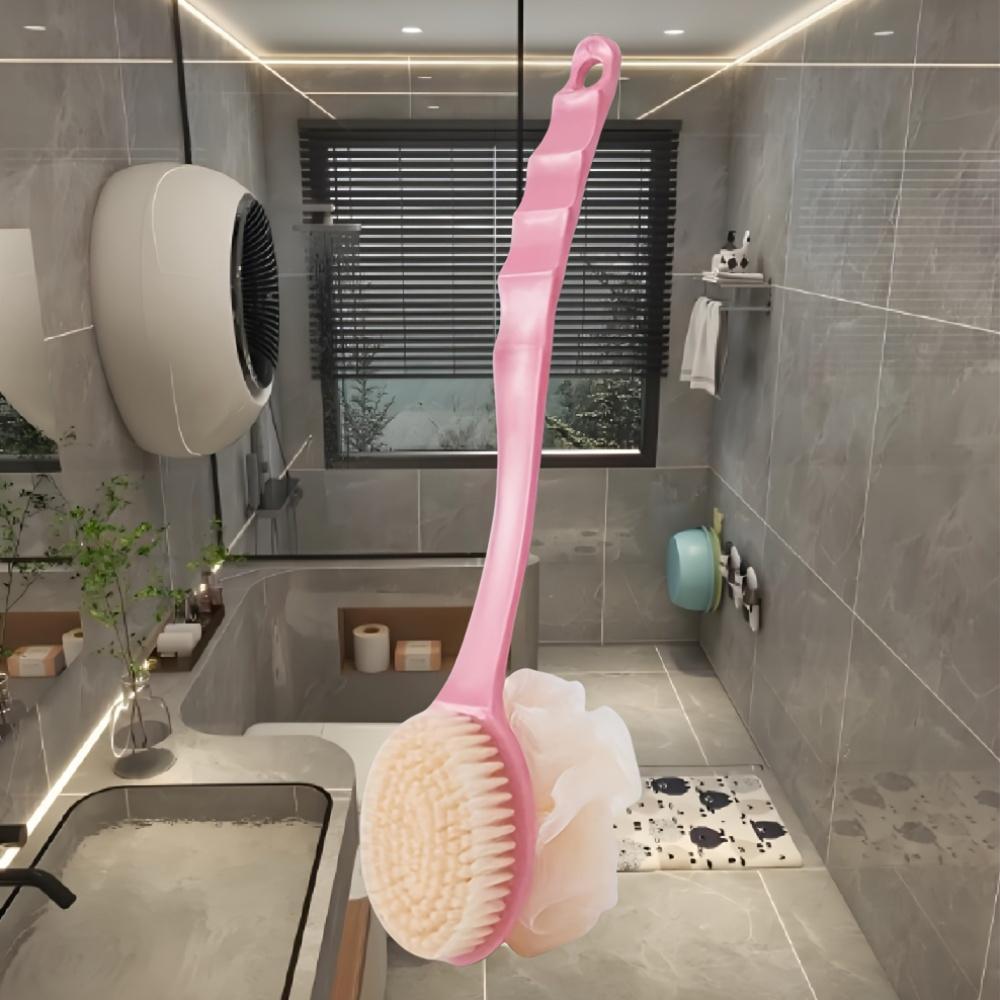 2-in-1 Dual-Sided Bath Brush with Soft Loofah for Back Scrubbing - Battery-Free, Oil-Free, Ergonomic Handle, Gentle Exfoliation for Healthy Skin
