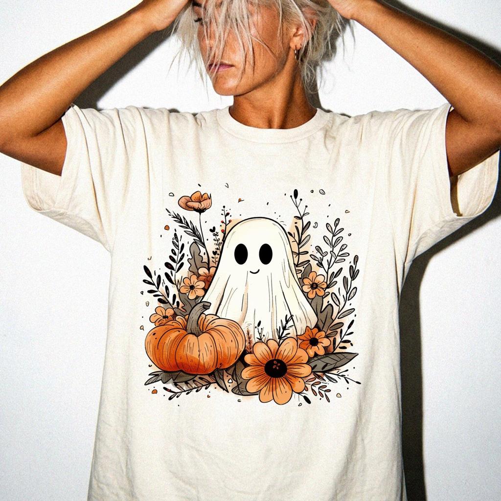 Cottagecore Ghost Shirt, Floral Halloween T-shirt, Cute Ghost Pumpkin Tee, Spooky Season Botanical Graphic Apparel