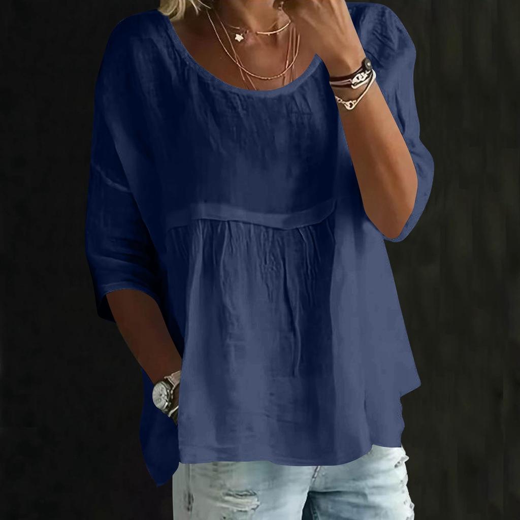 Womens Fashionable Solid Color Round Neck Three-quarter Sleeve Loose Round Neck Top