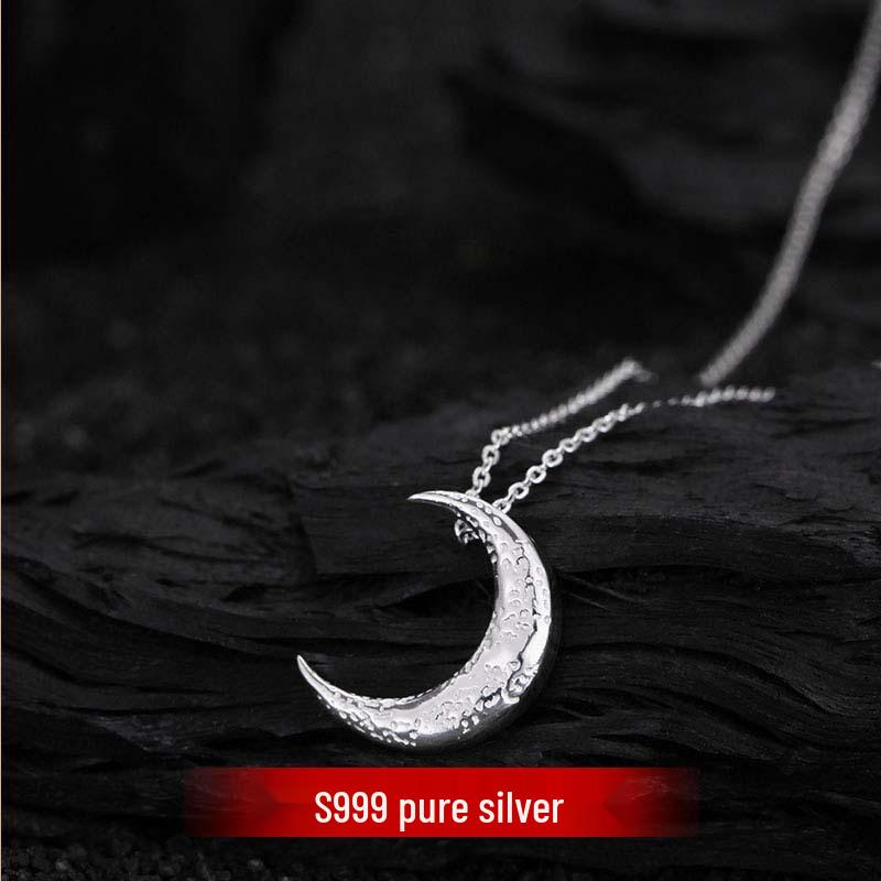

S999 Sterling Silver Moon Crescent Pendant Necklace - Elegant Lava Choker for Women Pure Silver серебряный