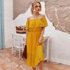 Summer Lace Off The Shoulder Women Dress Casual Slash Neck Solid High Waist Mid-calf Black Pink Yellow S M L  XL