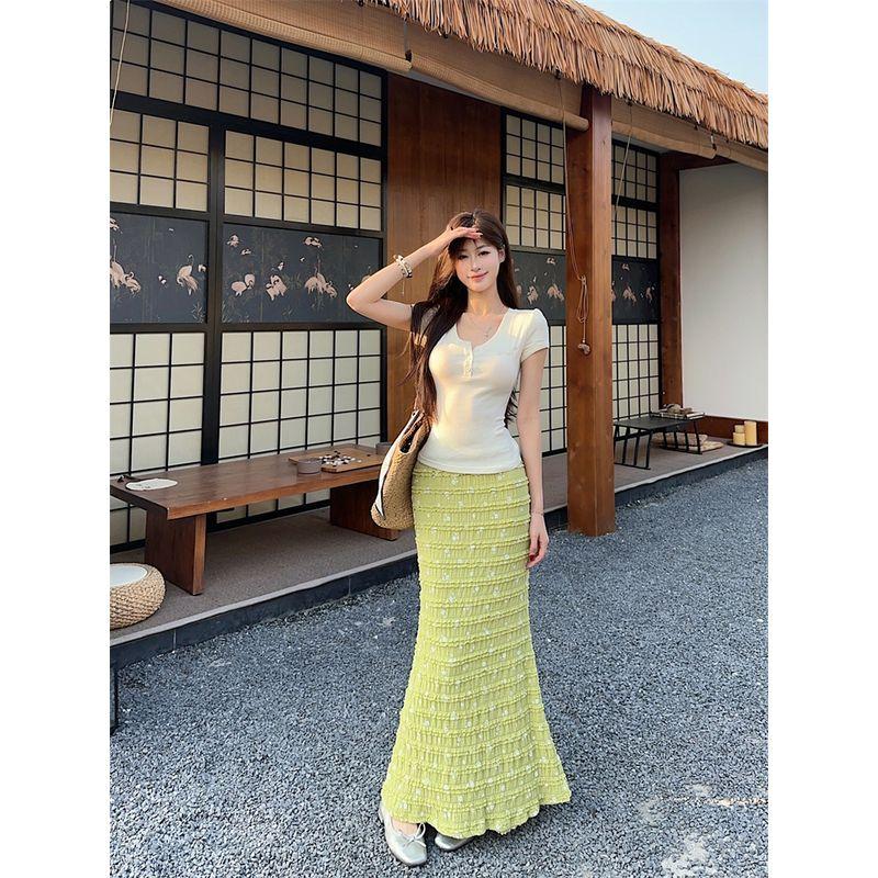 Kumikumi French style Gentle Set Slim fit Slimming Short sleeve T-shirt Women clothes Summer High Waist Hip Skirt Two-piece Set