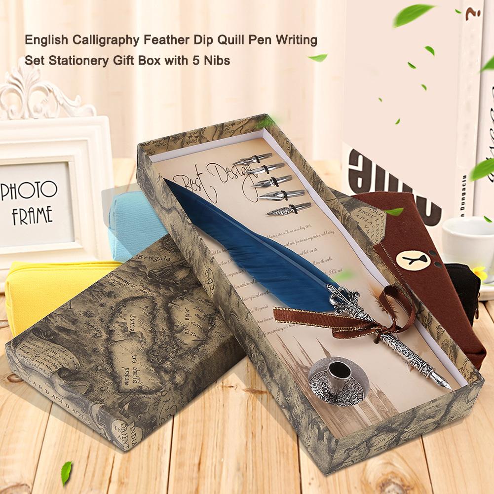 Engelsk Kalligrafi Fjäder Dopppenna Skrivset Skrivmaterial Presentförpackning med 5 Spetsar Blå