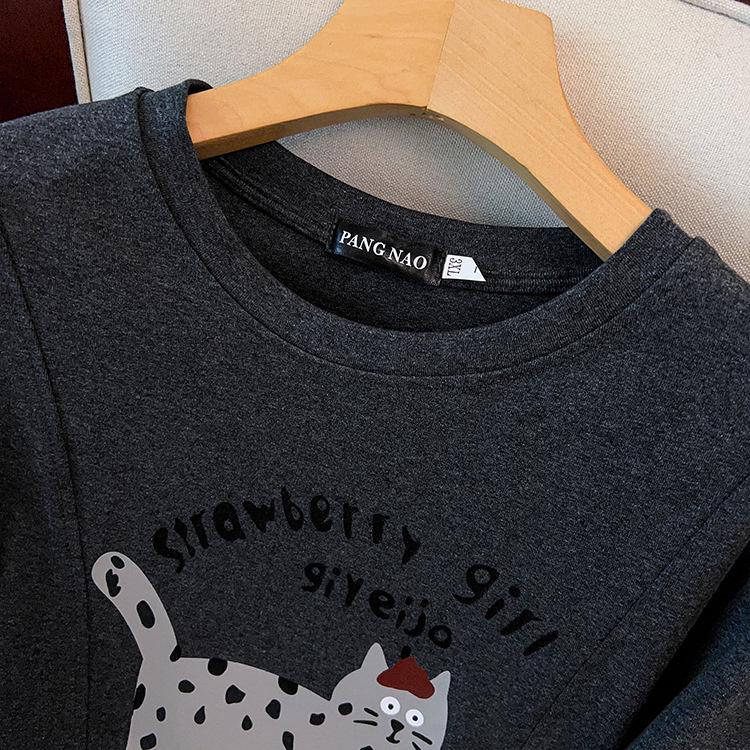 2025 Winter Women's Plus Size Thick Cotton Short Sleeve with Cat Print, Round Neck, Versatile and Extra Large Fit