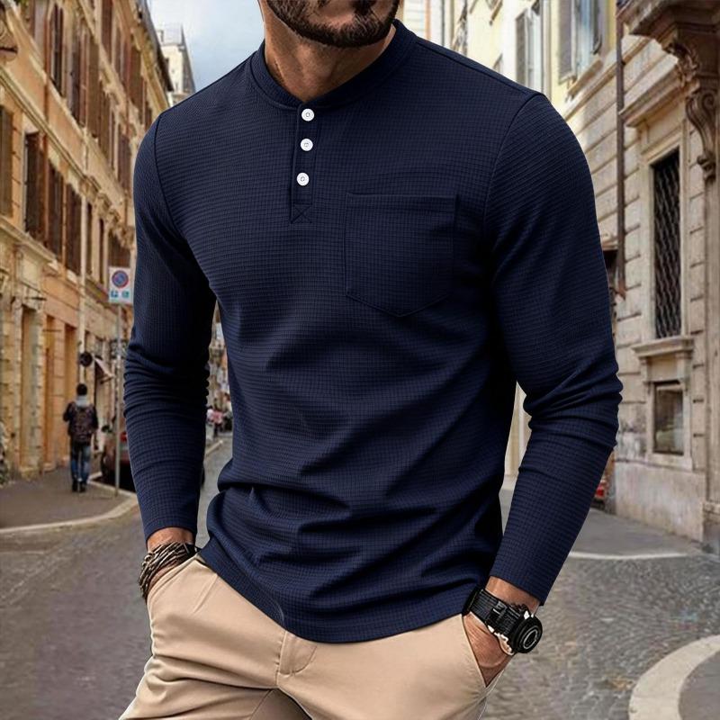 Men's Vintage Simple Loose Henley Long Sleeve T-Shirt.