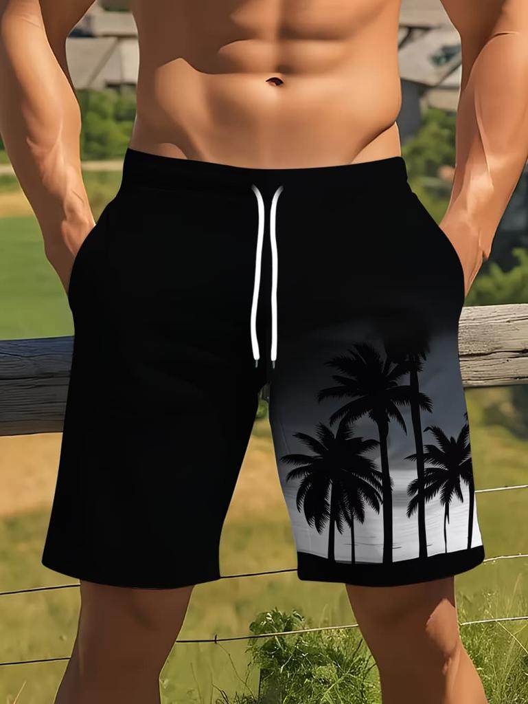 Summer Coconut Tree Pattern Swim Trunks for Men Fashion Beach Vacation 3D Printed Hawaiian Short Pants Loose Breathable Shorts
