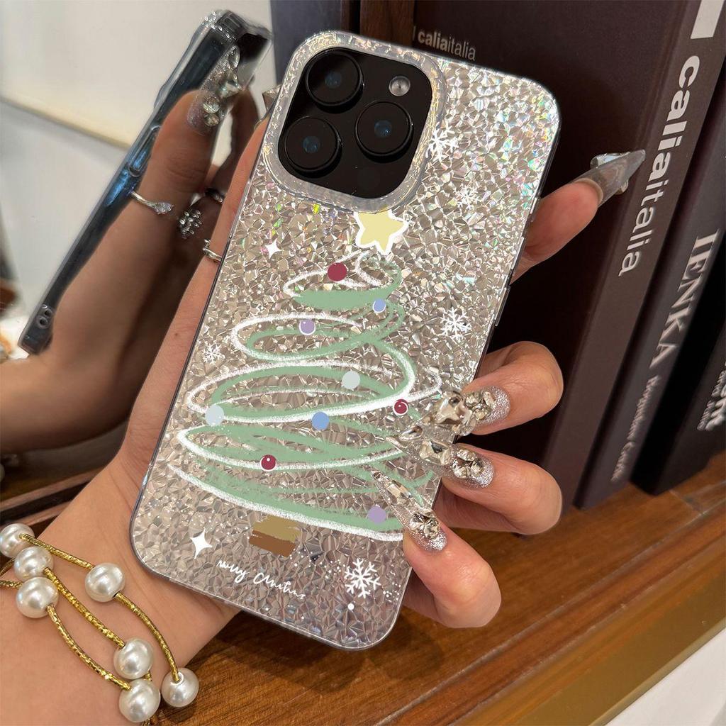 Simple Hand-drawn Christmas Tree Case for iphone 11 14 15 XR 16 Plus 12 17 Pro 13 XS Max 18 Pro Max Air Silver Crushed Foil Cover