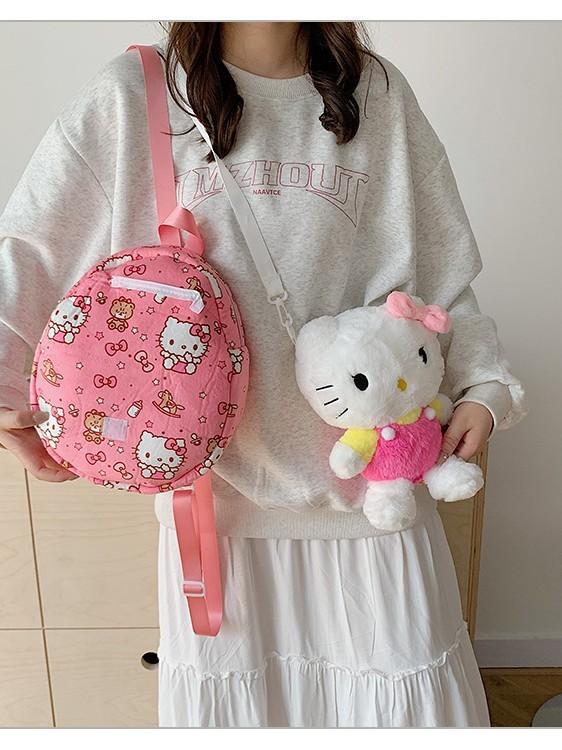 Hello Kitty Cat Plush Cartoon Backpack For Girls Casual Travel Soft Material