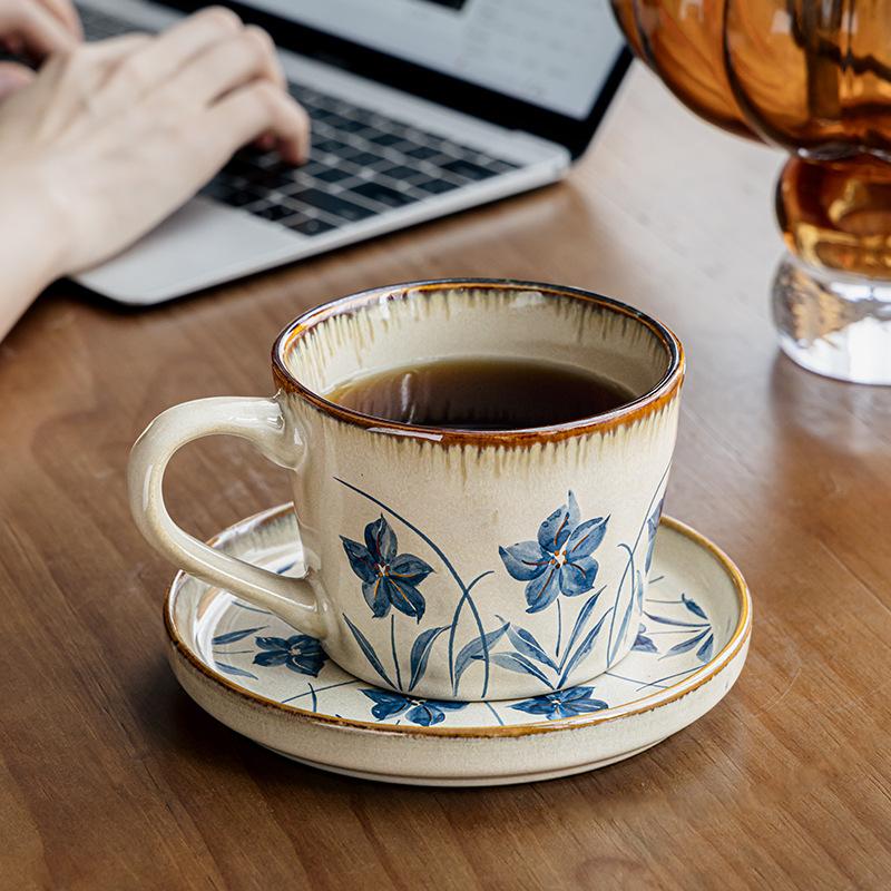 Retro Ceramic Coffee Cup and Saucer Creative Floral Mug Exquisite Afternoon Tea Flower Tea Coffee Latte Cup Breakfast Milk Mug 385ML
