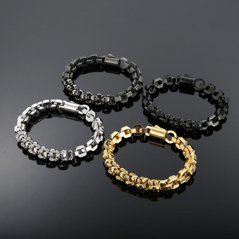 Tempusort Fashion Jewelry Punk Style Skull-and-Polygon Design Silver Black Gold Plated Stainless Steel Bracelets for Men